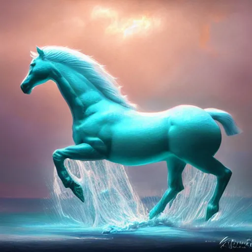 Image similar to a fantastical transparent small turquoise spirit horse made of water and foam and algae and ice, splashing water, wave, translucent, ethereal, noble, radiant, hyperalism, scottish folklore, digital painting, artstation, concept art, smooth, 8 k frostbite 3 engine, ultra detailed, art by artgerm and greg rutkowski and magali villeneuve