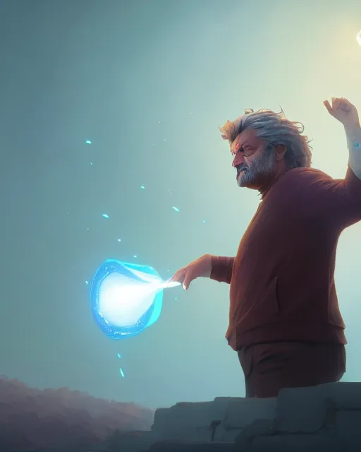 Image similar to highly detailed vfx portrait of beppe grillo casting a light spell, unreal engine, greg rutkowski, loish, rhads, beeple, makoto shinkai and lois van baarle, ilya kuvshinov, rossdraws, tom bagshaw, alphonse mucha, global illumination, detailed and intricate environment