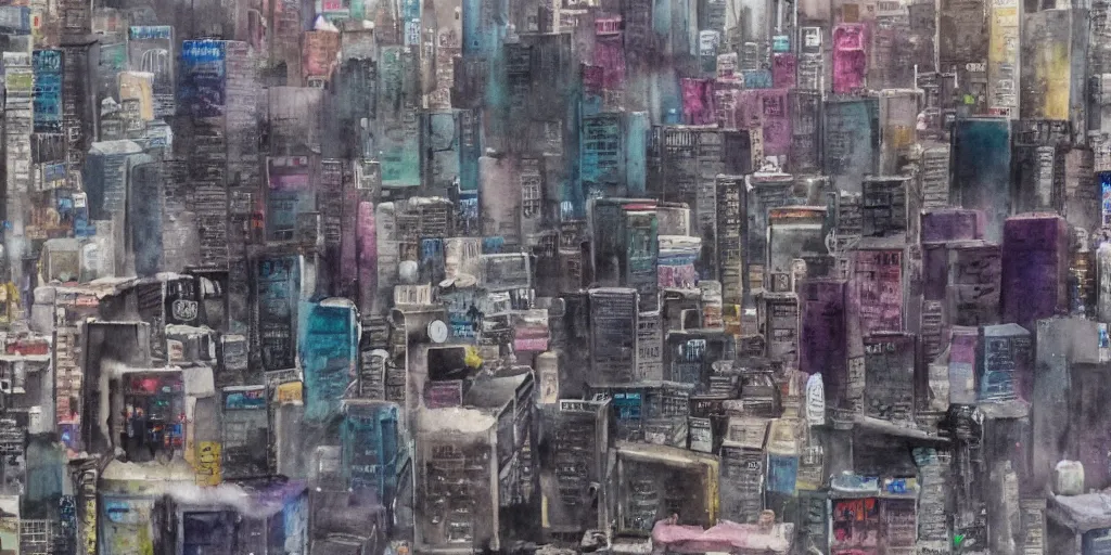 Image similar to dusty city, broken vending machines, Ghost in the Shell, ultrawide watercolor