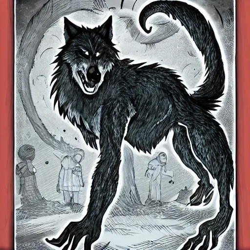 Prompt: children's horror book illustration of a werewolf