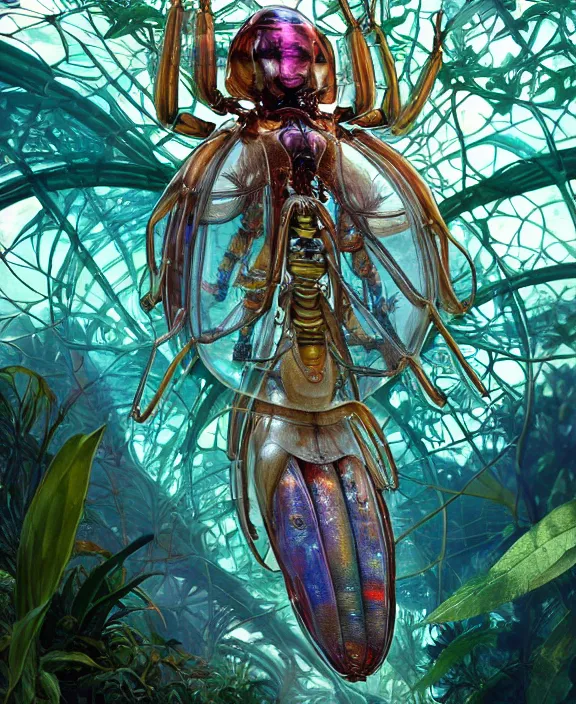 Image similar to opulent colorful transparent clear see - through portrait of a terrifying beautiful male alien isopod cyborg, mottled coloring, adorable, childlike, overgrown biopunk jungle environment, ultra realistic, concept art, art nouveau, photorealistic, octane render, 8 k, unreal engine. art by christopher marley and artgerm and greg rutkowski and alphonse mucha