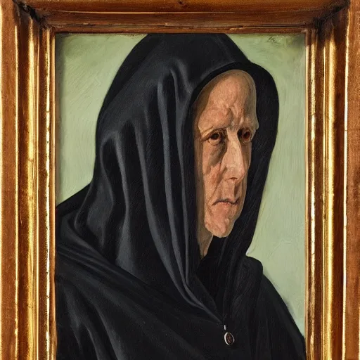 Image similar to a portrait of a man wearing a long dark cloak, hood and shadows covering face, oil painting, high detail