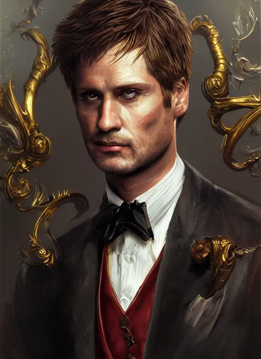 Prompt: highly detailed oil painting, masterpiece portrait butler male lannister, fantasy character portrait, dynamic pose, above view, top lighting, realistic shaded, perfect face, 8 k realistic, hyper detailed, digital painting, artstation, concept art, hyper detailed eyes, cinematic lighting, dynamic pose, above view, perfect eyes