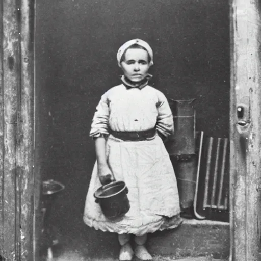Prompt: victorian child standing in a dill maker's shop
