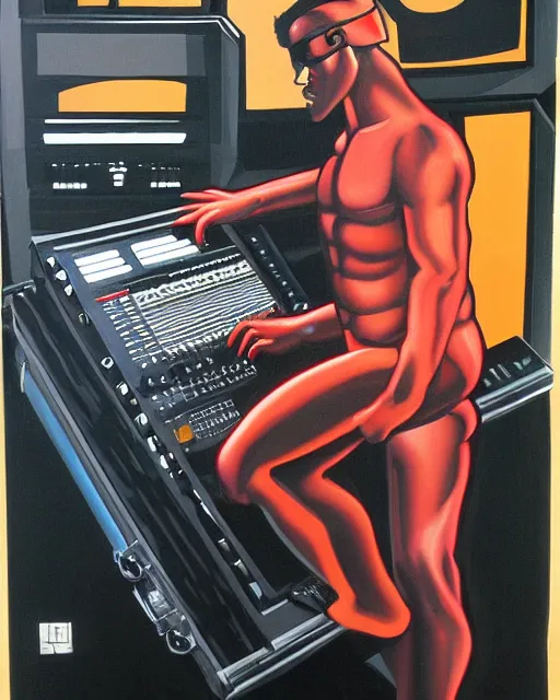 Image similar to cyclops (from x-men) playing an Akai MPC 2000XL, by Toni Toscani, oil on canvas