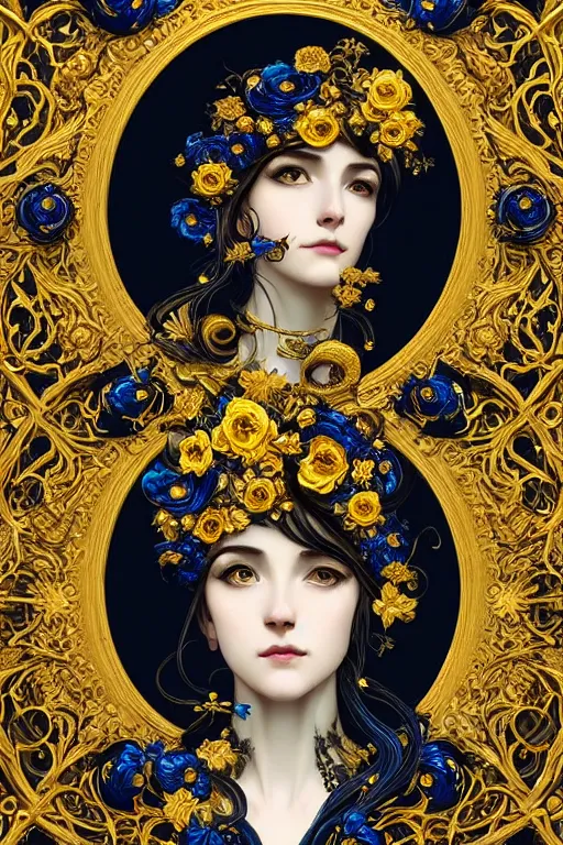 Image similar to beautiful black blue yellow, complicated gold and blue flowers in baroque style headwears, dark fantasy, intricate, elegant, highly detailed, digital painting, artstation, concept art, matte, 3 d 8 k octane rendered, sharp focus, illustration, octane rendered, art by artgerm and alphonse mucha, leesha hannigan