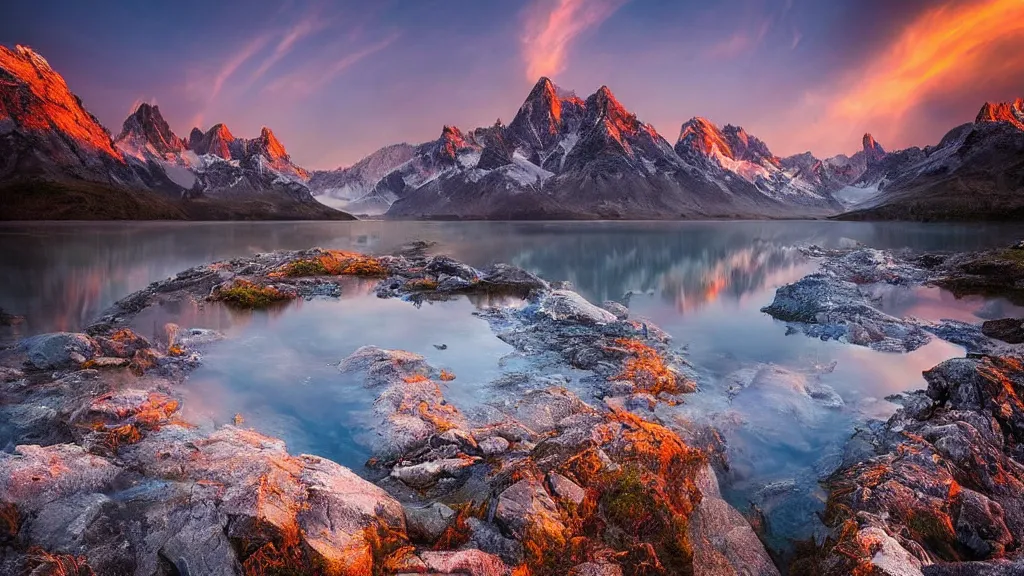 Image similar to amazing landscape photo of mountains with lake in sunset by marc adamus, beautiful dramatic lighting