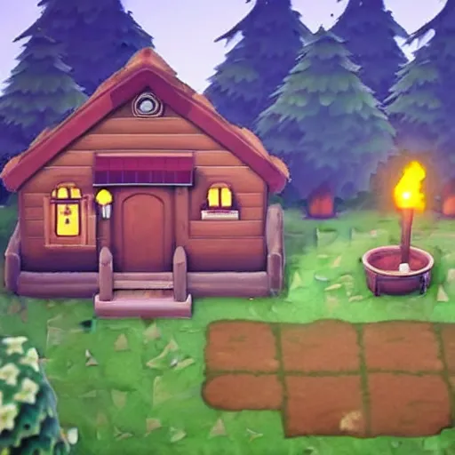 Image similar to a photo of a Eerie cabin in the middle of the woods in the style of Animal Crossing, gameplay footage