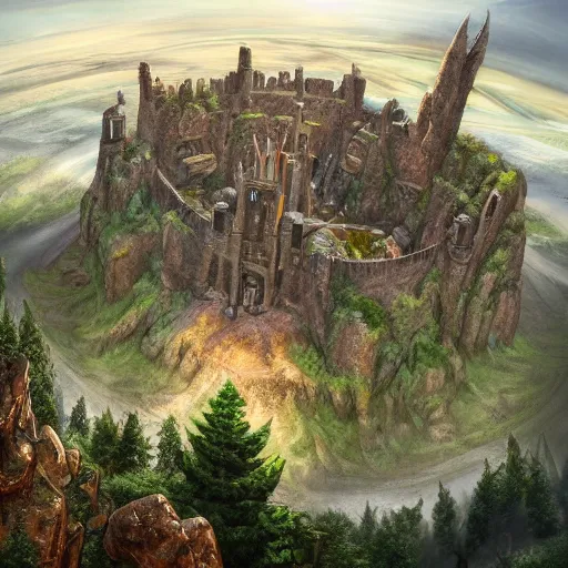 Prompt: a big meteor crater in the middle of a perennial forest, barren ruins of an old fantasy castle around the crater, a populous medieval rich fantasy city castle built inside the crater, digital fantasy art, bird's-eye view, tall mountains in the horizon, 8k, in the style of Noah Bradley