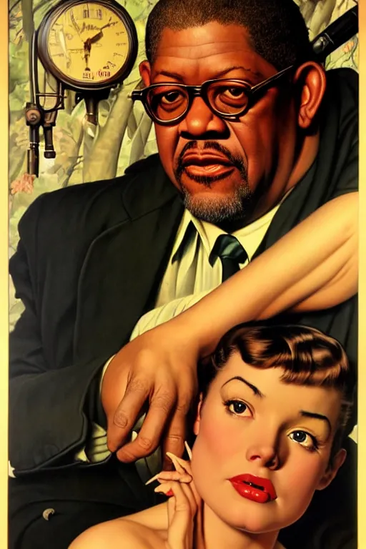 Image similar to forest whitaker by gil elvgren and norman rockwell and rob gonsalves and hajime sorayama, hyperrealistic, high detail, ultra detailed, highly detailed face, ruffled fabric