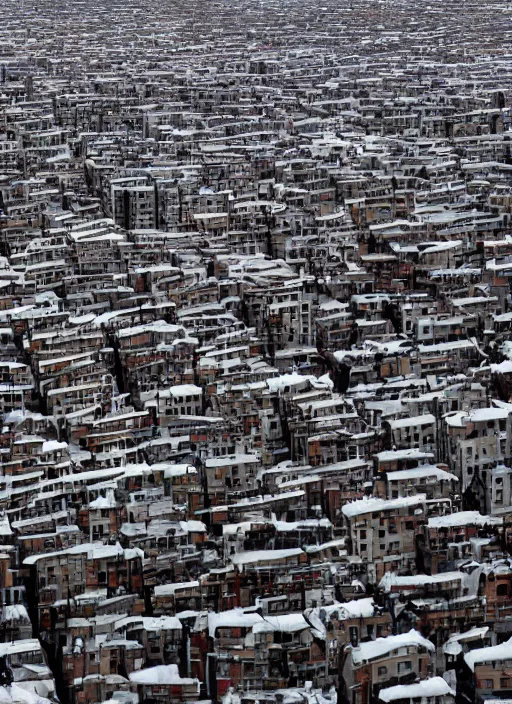 Prompt: a hundred rooftops stretch across a crowded skyline in relentless melt