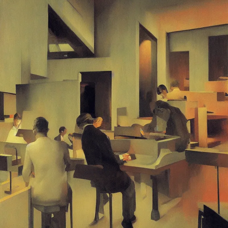 Prompt: i know who I am at the jazz club, Edward Hopper and James Gilleard, Zdzislaw Beksinski, Steven Outram highly detailed