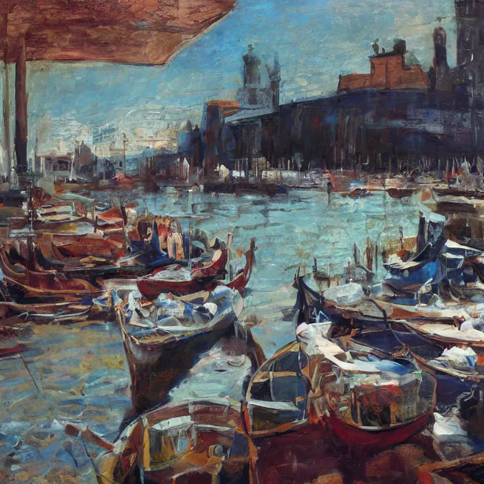 Prompt: venetian gondolas in the style of dali, pastel colors, chiaroscuro, bleached colors, cold shades, perfect beautiful, palette knife, surreal