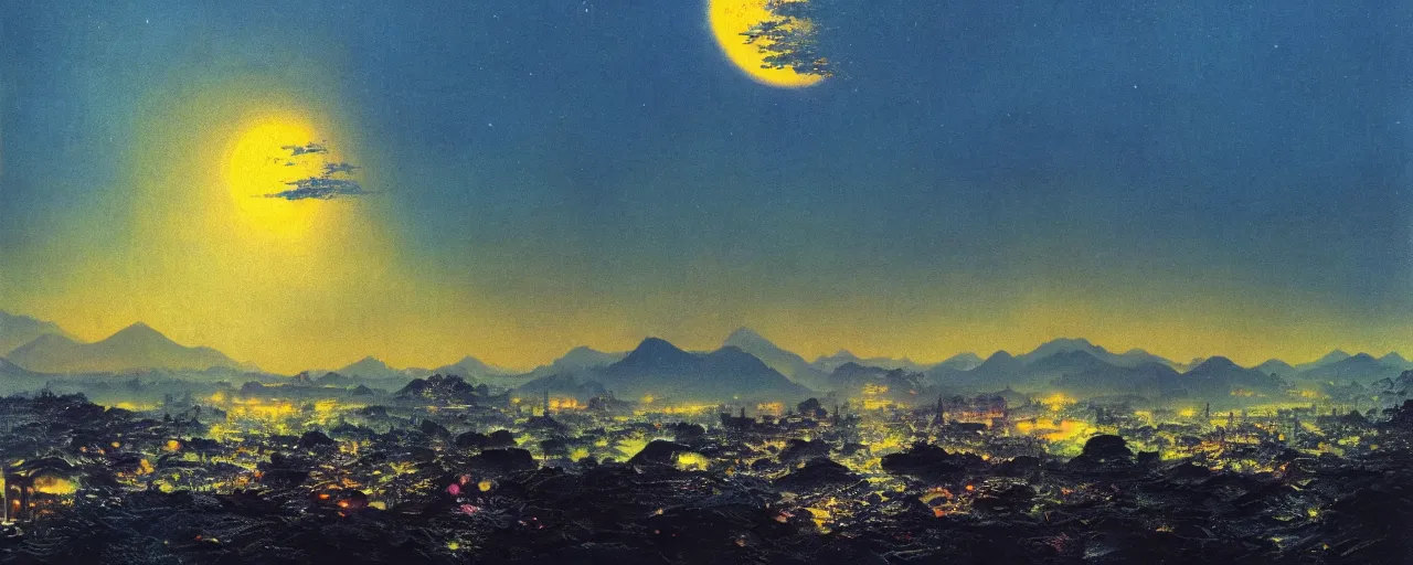 Image similar to awe inspiring bruce pennington landscape, digital art painting of 1 9 6 0 s, japan at night, 4 k, matte, blue and yellow, warm, old, air perspective