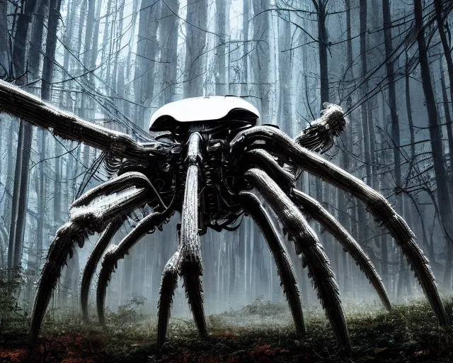 Image similar to photo of a giant huge white terminator spider with heavy duty biomechanical hydraulic cybernetic body with antennas and visor cogs and gears and components in the forest. cyberpunk horror style. highly detailed 8 k. intricate. nikon d 8 5 0 5 5 mm. art by hr giger. award winning photography.