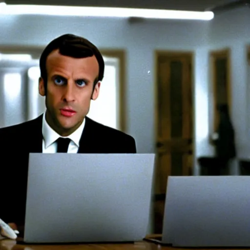 Prompt: Emmanuel Macron computering in American Psycho (1999)