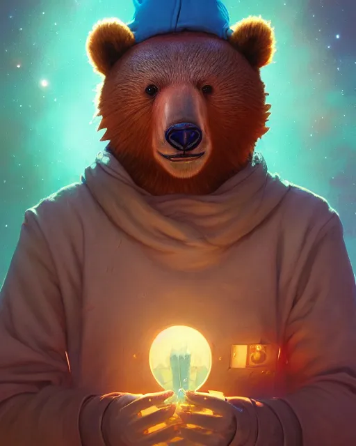 Image similar to highly detailed surreal vfx portrait of a spacepunk bear, stephen bliss, unreal engine, greg rutkowski, loish, rhads, beeple, makoto shinkai and lois van baarle, ilya kuvshinov, rossdraws, tom bagshaw, alphonse mucha, global illumination, detailed and intricate environment