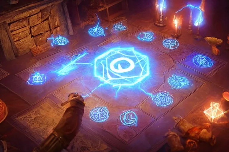 Image similar to A skilled sorcerer in their study, drawing glowing magic runic symbols in the air, enchanting objects with glyph magic, D&D fantasy setting, 4k