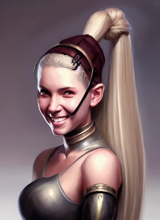 Image similar to a _ fantasy _ style _ portrait _ painting _ of white girl, dark ponytail hair, smiling, round face, rpg dnd oil _ painting _ unreal _ 5 _ daz. _ rpg _ portrait _ extremely _ detailed _ artgerm _ greg _ rutkowski _ greg