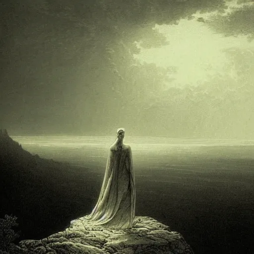 Image similar to A lonely woman, distant city, forest, cliff, illustration by Paul Gustave Doré