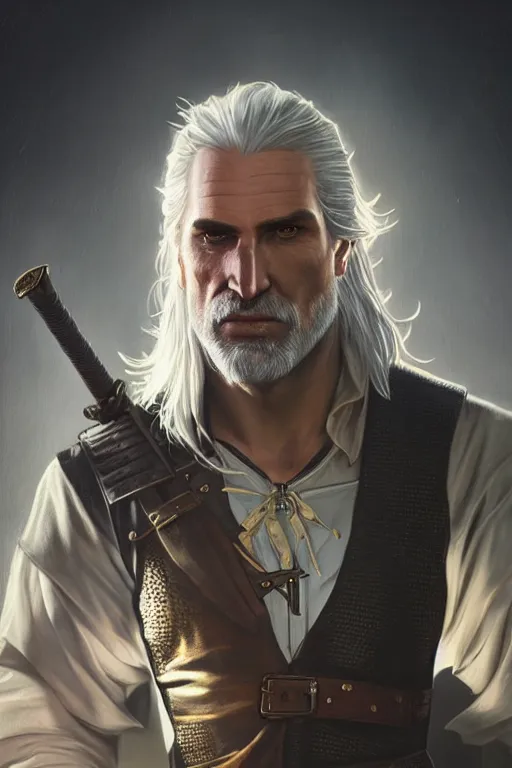 Image similar to photorealistic portrait photograph of geralt of rivia wearing a tuxedo, depth of field, soft focus, highly detailed, intricate, realistic, national geographic cover, soft glow, textured, artstation, concept art, sharp focus, illustration, art by artgerm and greg rutkowski and alphonse mucha