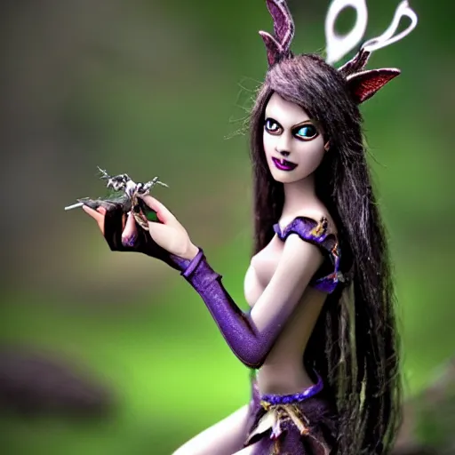 Prompt: dark elf holding a fairy between her fingers