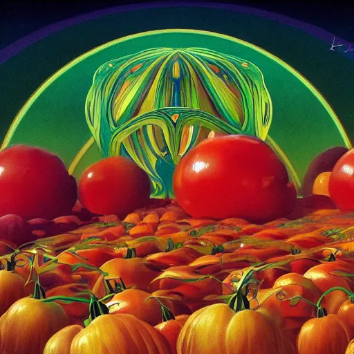 Prompt: psychedelic tomatoes madness fantasycore landscape, glossy painting, Art Nouveau Elemental 4k Detailed Matte Illustration trending on Behance ,CGSociety, Black and Cinnamon color scheme, Pastiche by Tim and Greg Hildebrandt, Pastiche by Kay Nielsen