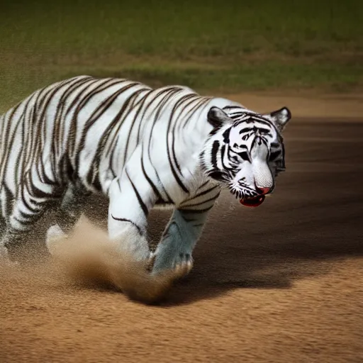 Image similar to realistic photo shot of a white tiger running fast | cinematic photo | cinematic shot | epic | 8k resolution | realistic | hyperrealistic