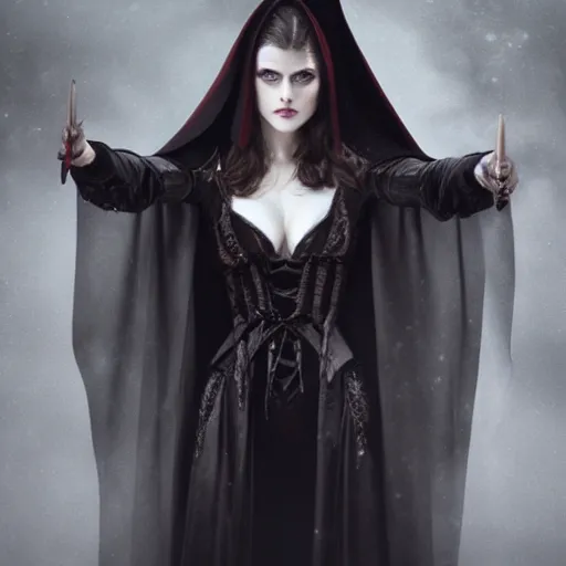 Prompt: Film still of Alexandra Daddario, beautiful vampire mistress dressed in a black cloak, by Stanley Artgerm Lau