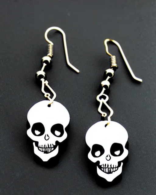 Image similar to tim burton spooky skull, 2 d lasercut earrings,