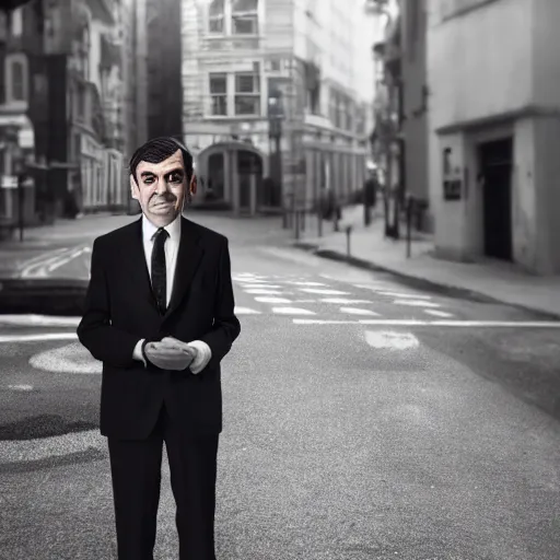 Prompt: mr. bean on the street, black and white color aesthetic, highly detailed, photorealistic portrait, bright studio setting, studio lighting, crisp quality and light reflections, unreal engine 5 quality render