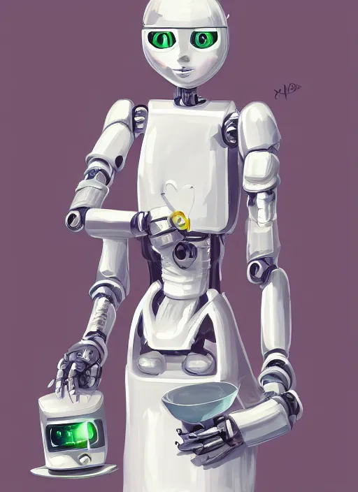 Prompt: a robot wearing a maid dress, holding a plate, full body shot, highly detailed, digital painting, artstation, concept art, smooth, sharp focus, illustration