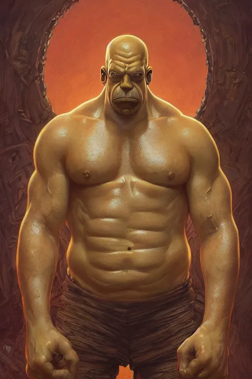 Image similar to portrait of homer simpson as a hulking herculean man, forest, godlike, full body, fantasy, intricate, elegant, highly detailed, digital painting, artstation, concept art, sharp focus, illustration, art by artgerm and greg rutkowski and alphonse mucha