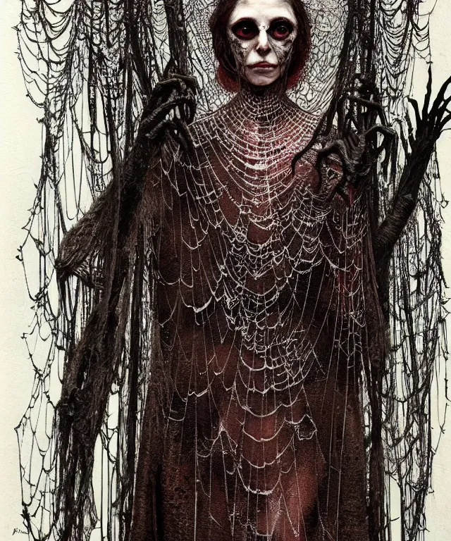 Image similar to a detailed creepy woman with many spider hands stands among the web. wearing a ripped mantle, robe. perfect faces, extremely high details, realistic, fantasy art, solo, masterpiece, art by hermann nitsch, zdzislaw beksinski, dariusz zawadzki, giger, dragan bibin, ed binkley