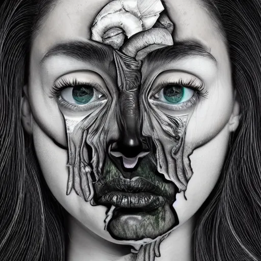 Prompt: beautiful woman peeling off her face in the mirror, revealing the true ugliness in her soul, moody, dark, sad, digital art, hyper detailed, unsettling, bizarre,