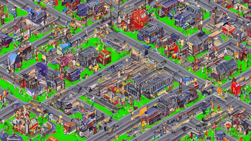 Prompt: photorealism spoiled isometric railroad village / city setting