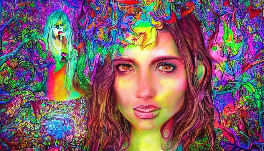 Image similar to landscape beautiful woman in psychodelic dmt lsd forest, photorealistic, artgerm, artwork by Arian, Mark