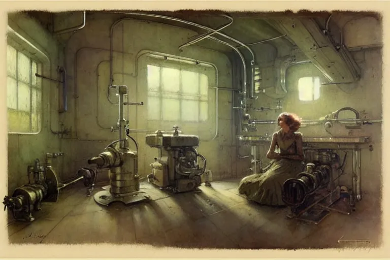 Image similar to ( ( ( ( ( 1 9 5 0 s retro science fiction engine room interior scene. muted colors. ) ) ) ) ) by jean - baptiste monge!!!!!!!!!!!!!!!!!!!!!!!!!!!!!!