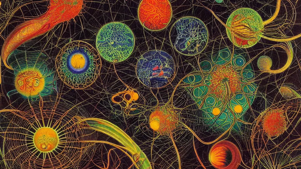 Prompt: quantum connections represented as symbiotic organisms like cells playing around with colorful lights by ernst haeckel, smooth, sharp, dark