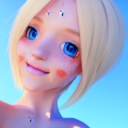 Image similar to beautiful hyperrealism selfie of a cute 3 d anime young woman smiling smugly, long light platinum blonde hair, flushed face, heart - shaped face, cute freckles, light blue eyes, golden hour, 8 k, instagram