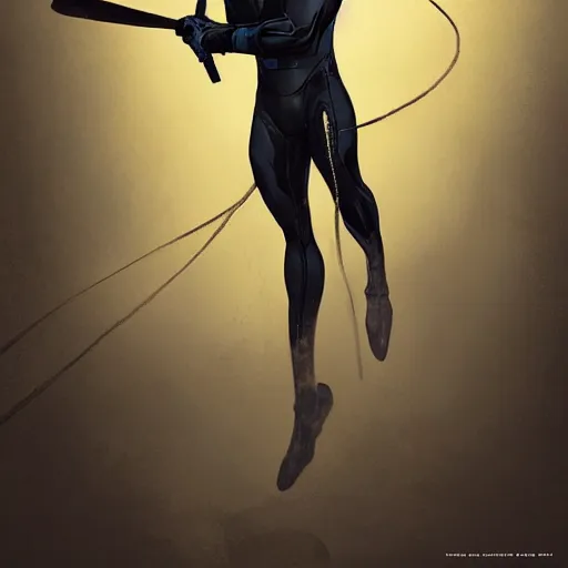 Image similar to a hero named rope man, his suit is black and blue and he has a bat like wing suit under it, mystic, concept art, artstation, greg rutkowski, reference sheet