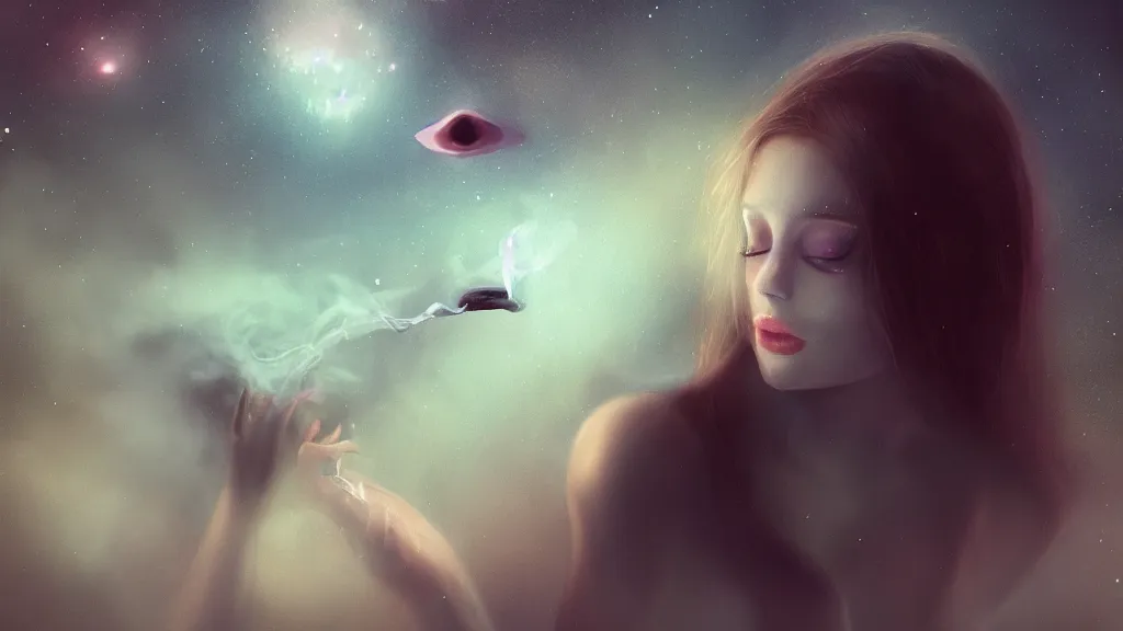 Image similar to whimsical, a beautiful playful woman, wearing professional makeup, standing in a lake, blowing smoke, under the stars, with a binary black hole with a ring in the sky, by Lois van Baarle, by Greg Rutkowski, by Steve Argyle, face enhance, volumetric lighting, 4k resolution, octane render, trending on artstation