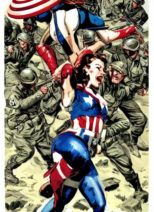 Image similar to beautiful female captain america standing on a pile of defeated german soldiers. feminist captain america wins wwii. american wwii propaganda poster by james gurney