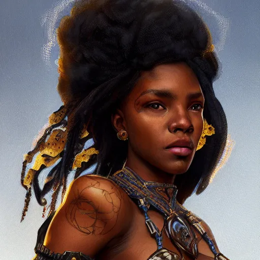 Prompt: portrait of a beautiful blackwomen fanatasy warrior MTG iluustration, intricate, headshot, highly detailed, digital painting, artstation, concept art, cinematic lighting, illustration, art by artgerm and greg rutkowski, alphonse mucha, cgsociety, science fiction