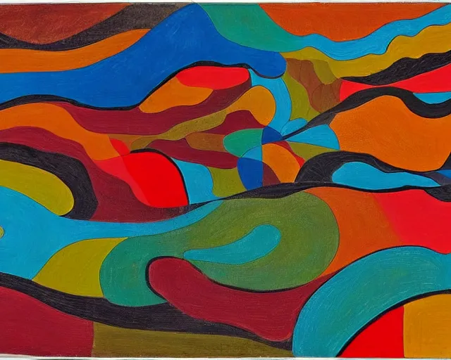 Prompt: A wild, insane, modernist landscape painting. Wild energy patterns rippling in all directions. Curves, organic, zig-zags. Saturated color. Outsider art.