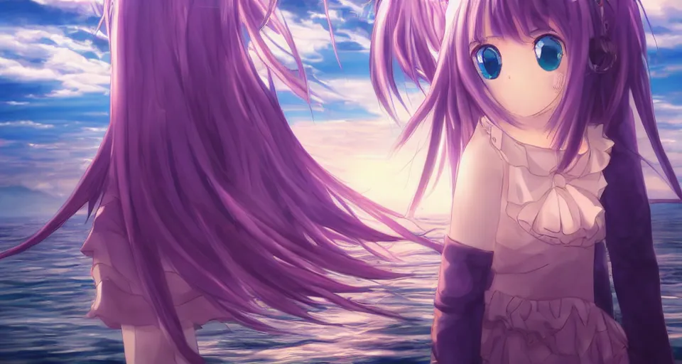 Image similar to one anime girl standing on a pier, blue shiny eyes, looking at the camera, cute, the ocean as background at twilight, big moon above the water, colorful, magical, smooth, extremely detailed, detailed face, devianArt, based on Puella Magi Madoka Magica