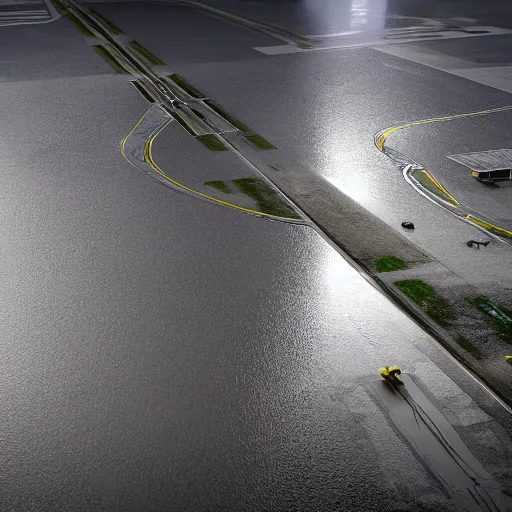 Prompt: photo of an airport tarmac, the floor is flooded with one meter deep water. eerie, volumetric lighting. highly - detailed 4 k