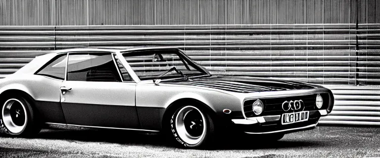 Image similar to black audi camaro b 1 ( 1 9 6 7 ) with stripes, retro poster, establishing shot