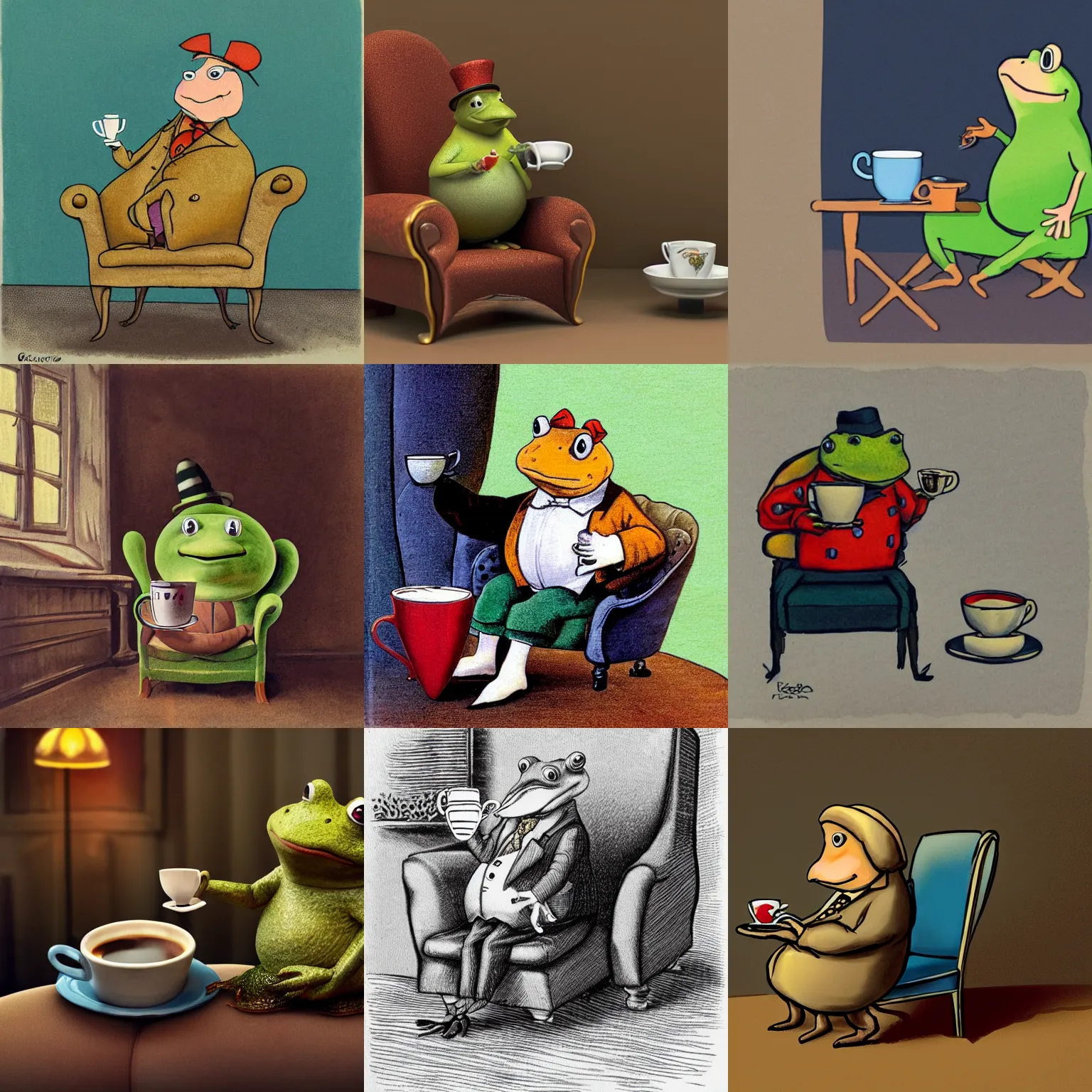 Prompt: Mr toad sipping a cup of coffee in an armchair.