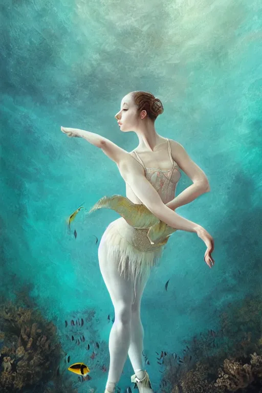 Prompt: ballerina alone at the bottom of the great barrier reef by jaques cousteau, perfect face, smooth, focus, highly detailed, hyper realistic, intricate, concept art, art by wlop